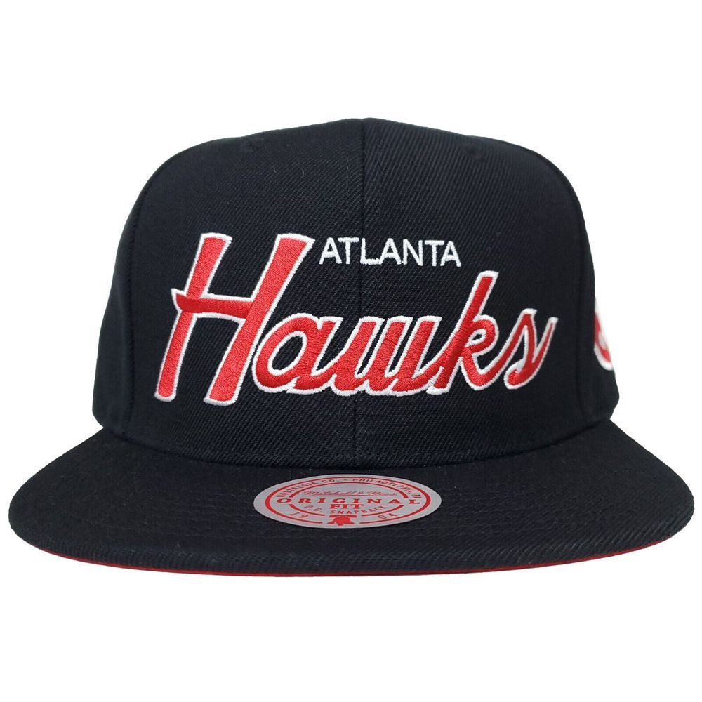 Atlanta Hawks Mitchell & Ness NBA Snapback Hat Cap Script Logo‎ Black NWT